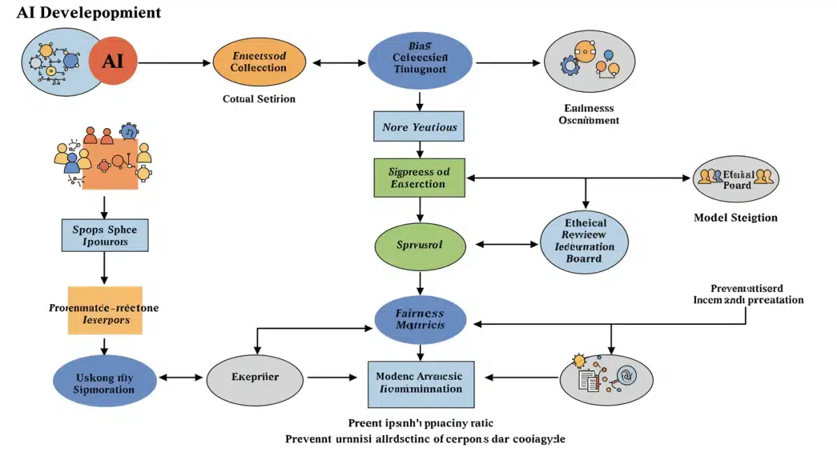 Flowchart illustrating ethical AI development process with bias detection and fairness metrics