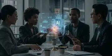 Professionals collaborating on fair AI implementation in a modern office