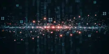 Futuristic quantum neural network with interconnected glowing qubits