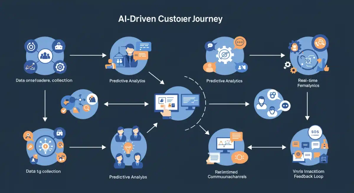 Infographic illustrating an AI-driven customer journey with data, analytics, and personalized communication