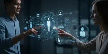 AI-powered customer service interface with holographic assistants and data networks