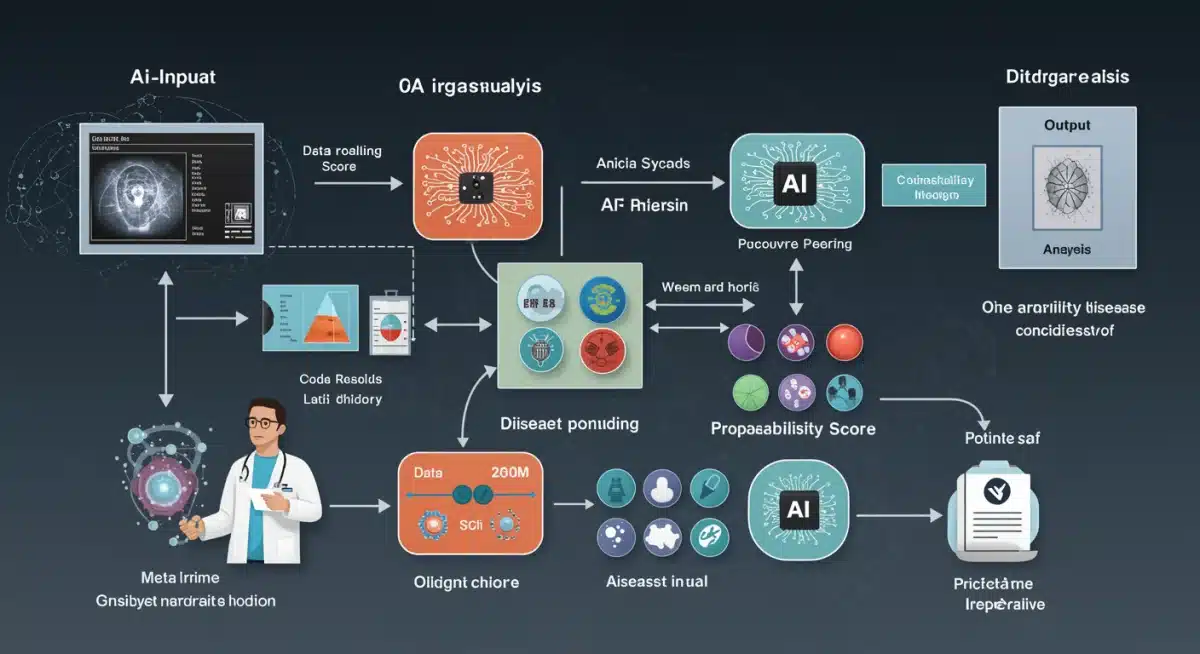 Workflow diagram of AI-powered diagnostic system processing medical data to identify diseases.