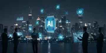 AI neural network cityscape with business professionals