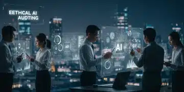 Team conducting ethical AI audit, analyzing data for compliance in 2026