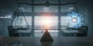 Balance scale with legal documents and AI data, representing ethical AI's impact on legal fees.