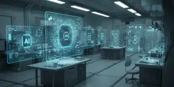 Futuristic AI lab with holographic simulations for cost reduction research