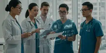 Healthcare professionals reviewing AI data with ethical guidelines