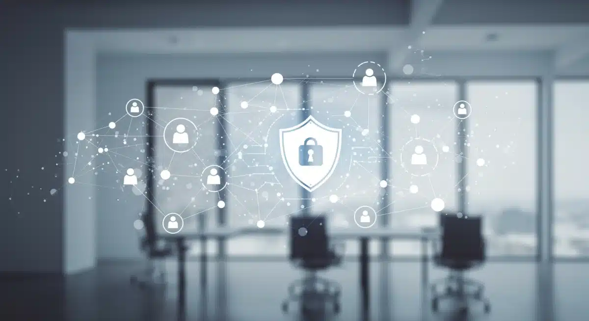 Data privacy shield over AI network, representing secure AI data handling