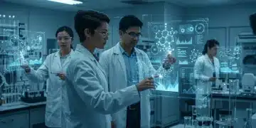 Scientists analyzing AI-generated molecular models in a high-tech lab