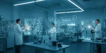 Scientists analyzing molecular structures on holographic displays, symbolizing AI-accelerated drug discovery with GNNs.