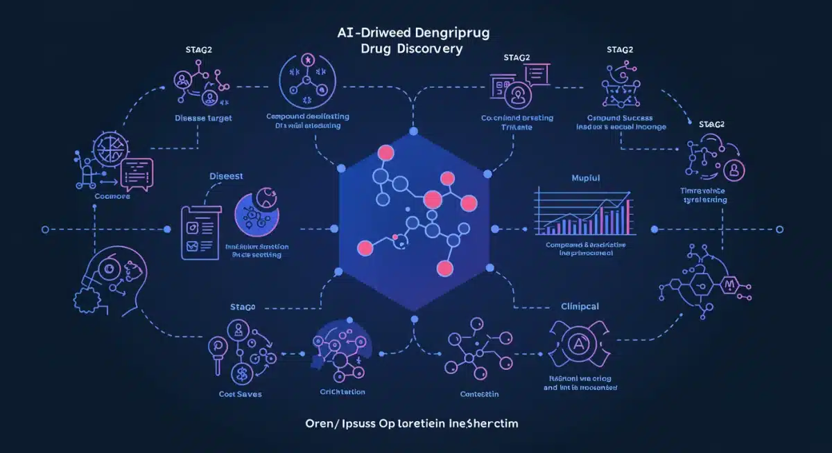 Infographic illustrating AI-powered drug discovery process and phases