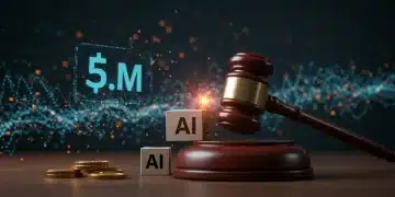 Gavel striking AI block with $5M fine, symbolizing AI ethics compliance and penalties