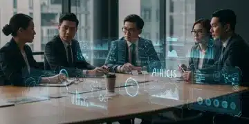 Professionals analyzing AI ethics regulatory shifts on holographic screens