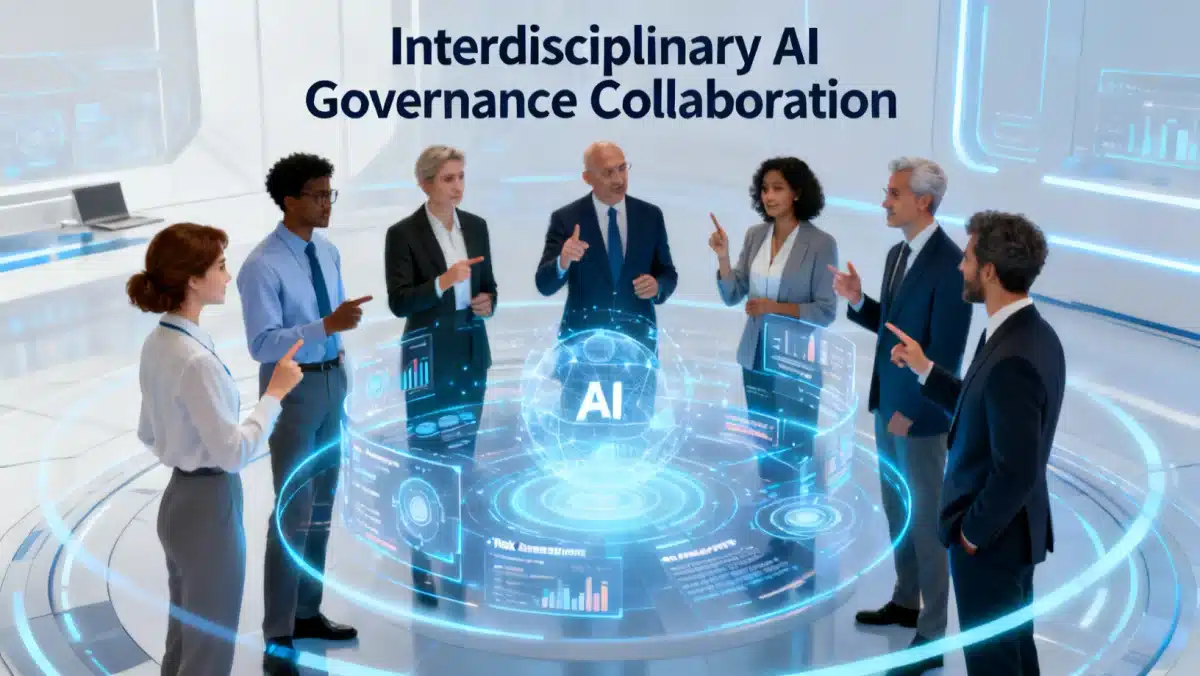 Diverse team collaborating on AI risk assessment and governance strategies.