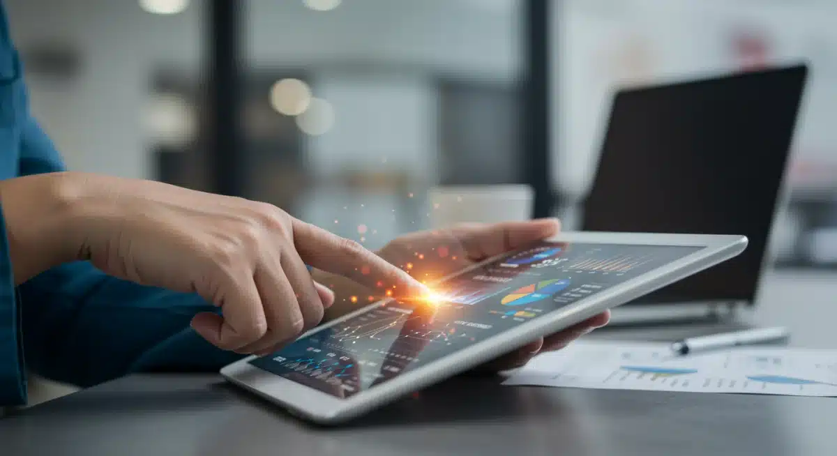 Hand analyzing AI-driven productivity reports on a tablet.