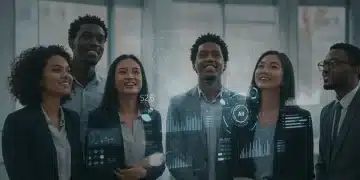 Small business owners collaborating with AI technology for growth and productivity.