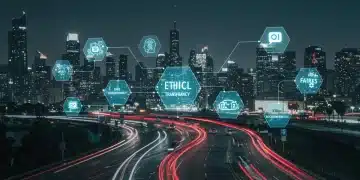 Futuristic city with autonomous vehicles and ethical AI principles overlay