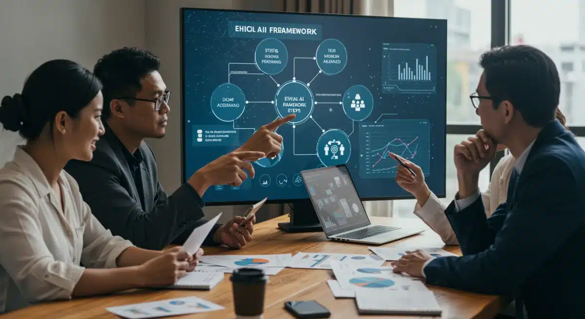 Team collaborating on ethical AI framework and risk assessment