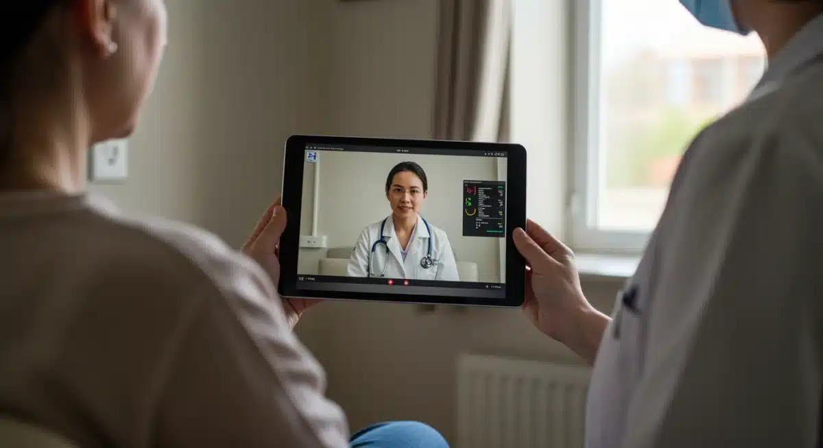 Patient receiving virtual care and remote monitoring after hospital discharge.