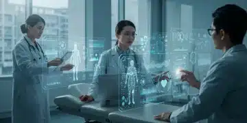 Doctors interacting with AI interface for early disease detection in a modern clinic.