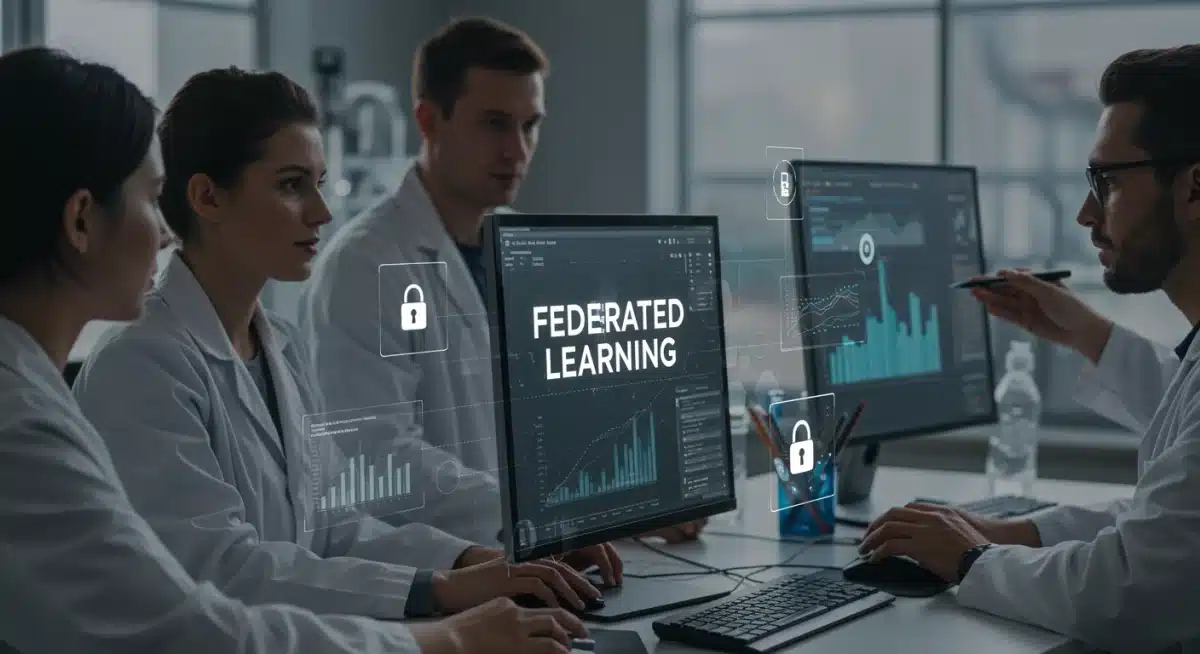 Researchers collaborating on a federated learning project, illustrating secure data sharing without centralizing private information.