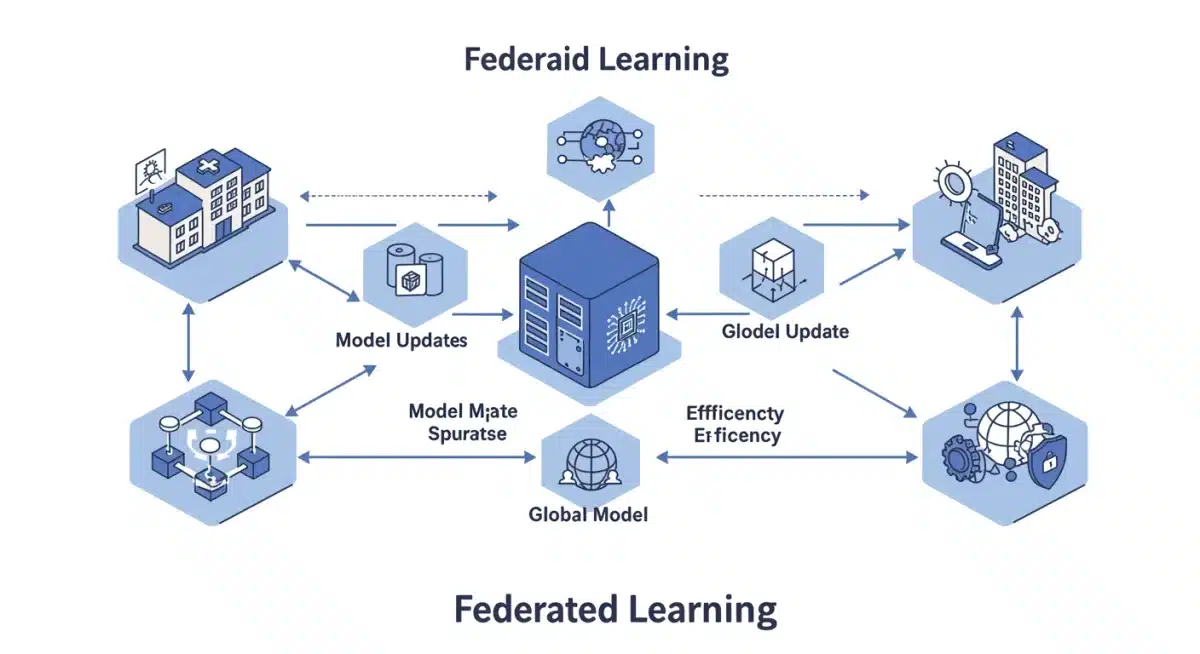 Infographic illustrating the iterative process of federated learning, showing model updates and aggregation from decentralized data sources.