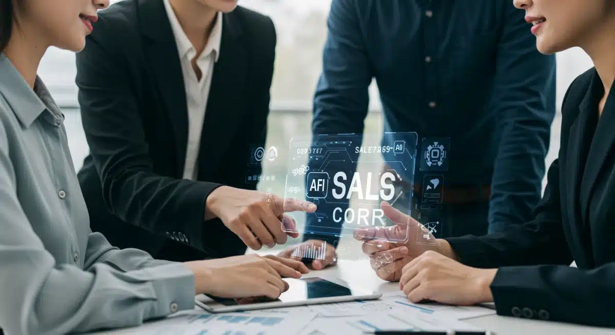 Sales team collaborating with AI-powered CRM for enhanced customer engagement