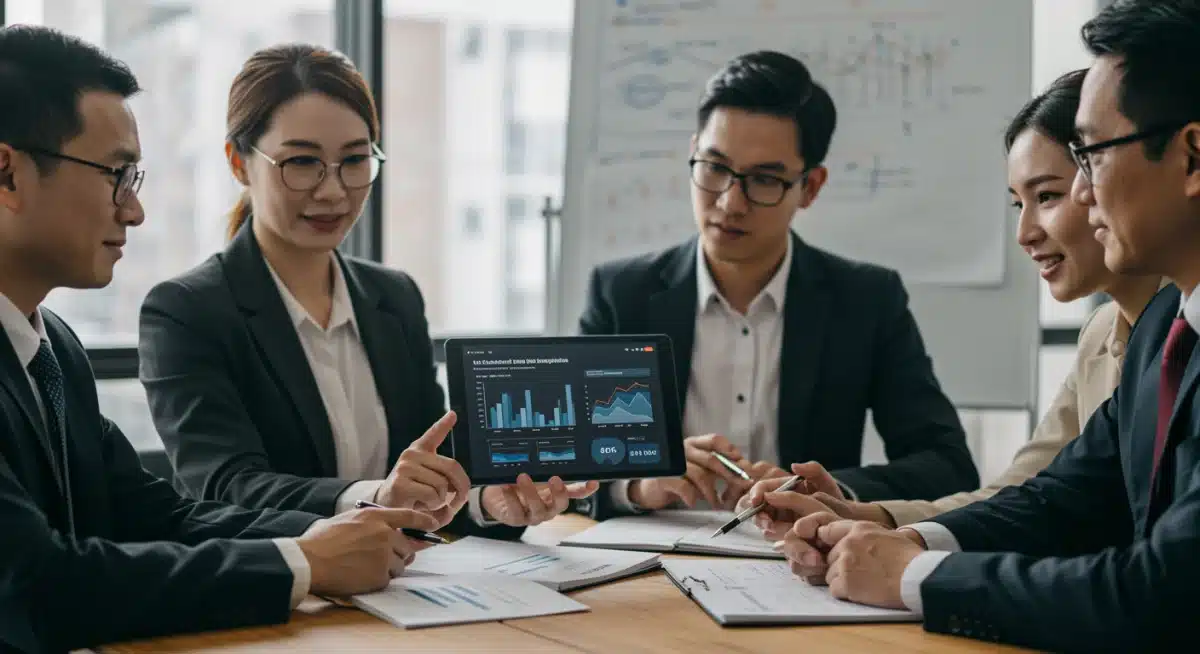 SME leaders reviewing AI implementation dashboard showing positive cost savings