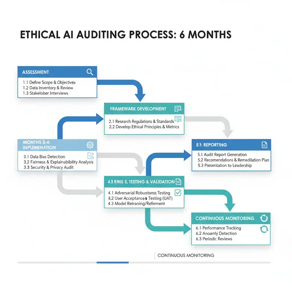 Six-month ethical AI auditing process flowchart