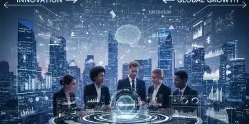 Futuristic cityscape with AI data, startup team analyzing market insights and product designs.