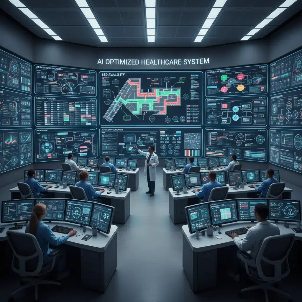 Hospital operations control center with AI-driven real-time data for efficient resource deployment and patient flow.