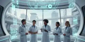 AI-driven predictive analytics dashboard in a modern hospital setting, showing optimized resource allocation and cost savings.