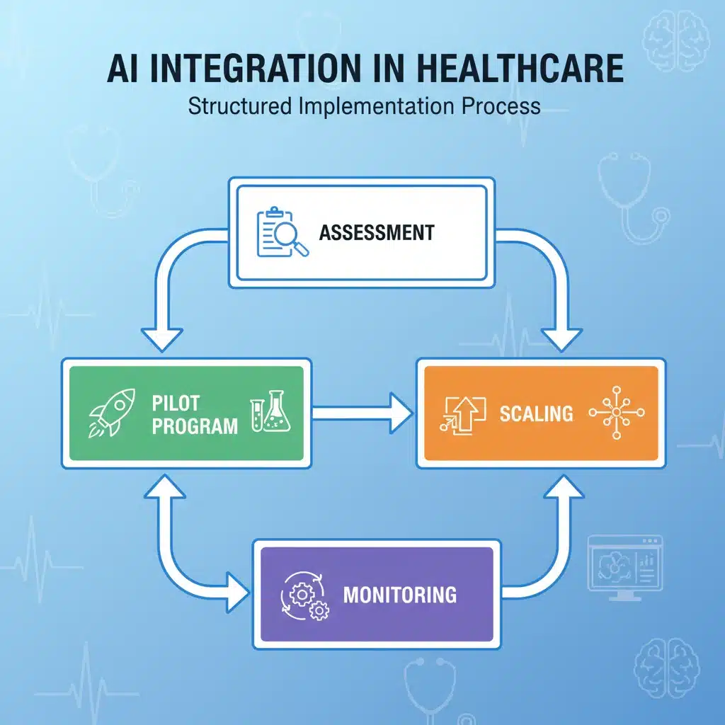 Flowchart depicting AI integration stages in healthcare.