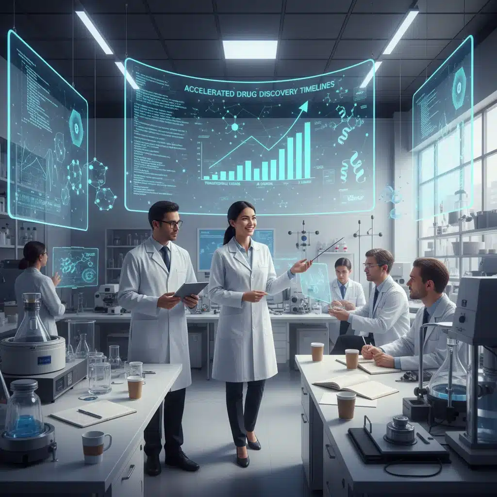 Scientists analyzing AI algorithms and genomic data in a modern lab setting