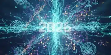 Futuristic AI neural network with pharmaceutical compounds and 2026 regulatory symbols