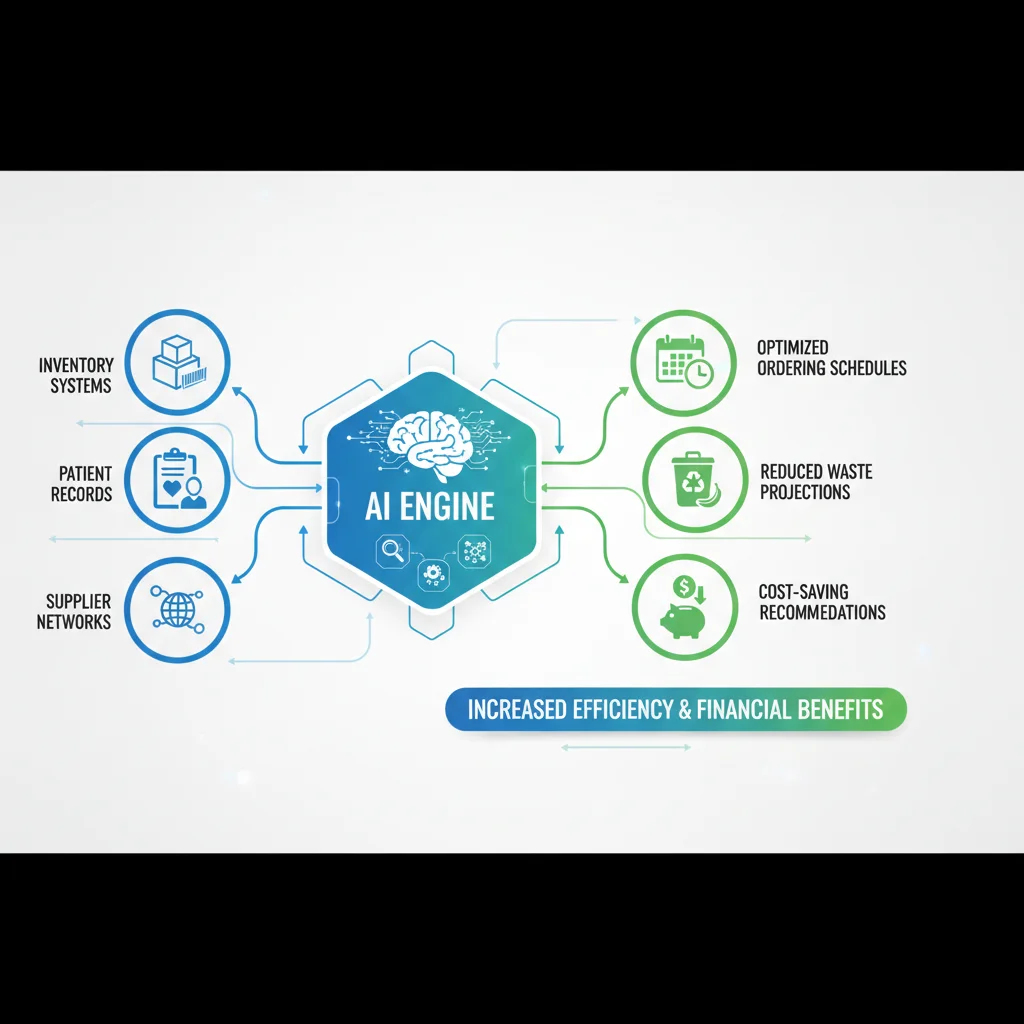 Workflow diagram of AI optimizing hospital supply chain management for cost reduction.