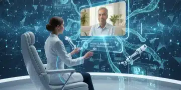 Doctor consulting patient virtually with AI integration in telemedicine.