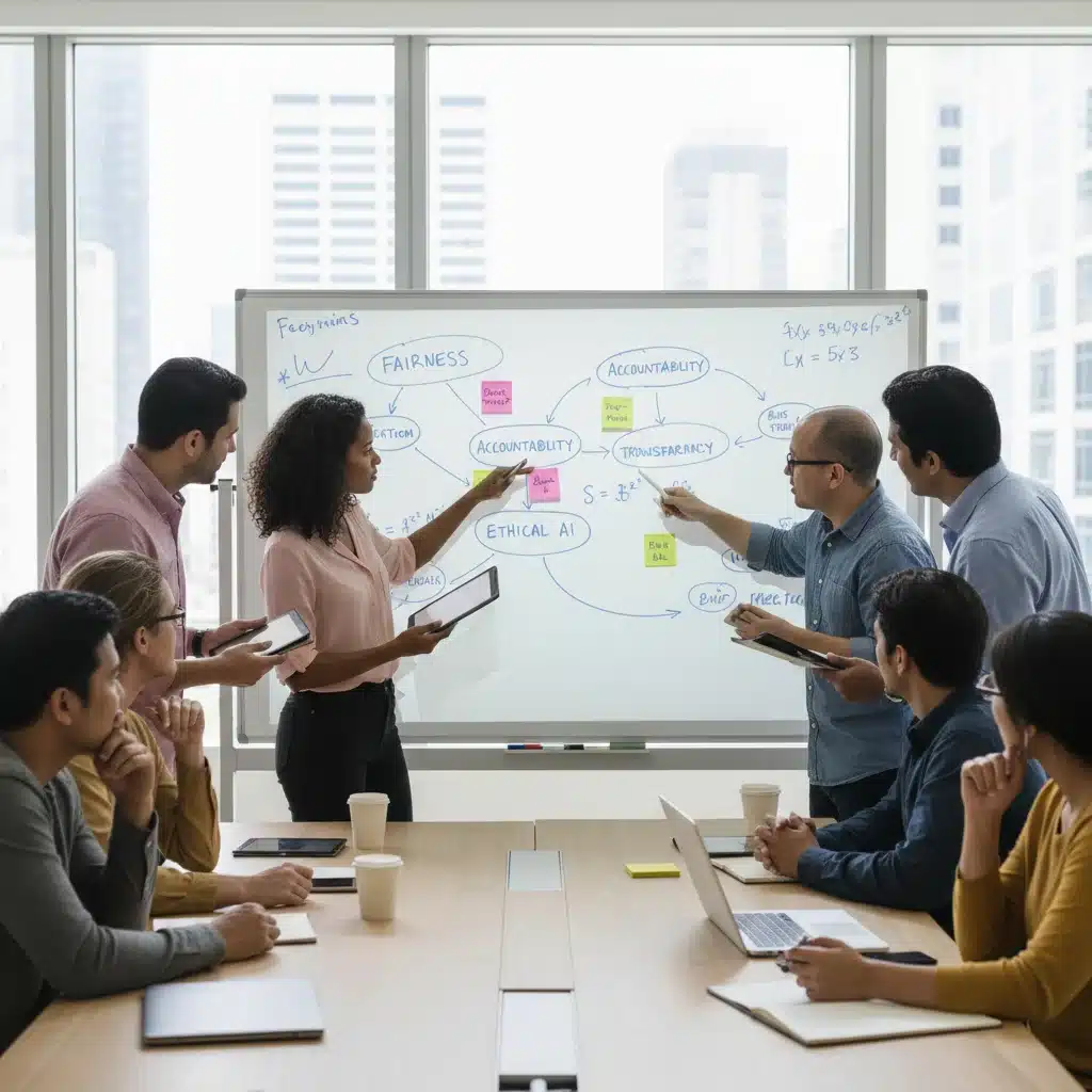 Developers and ethicists collaborating on AI transparency and bias mitigation.