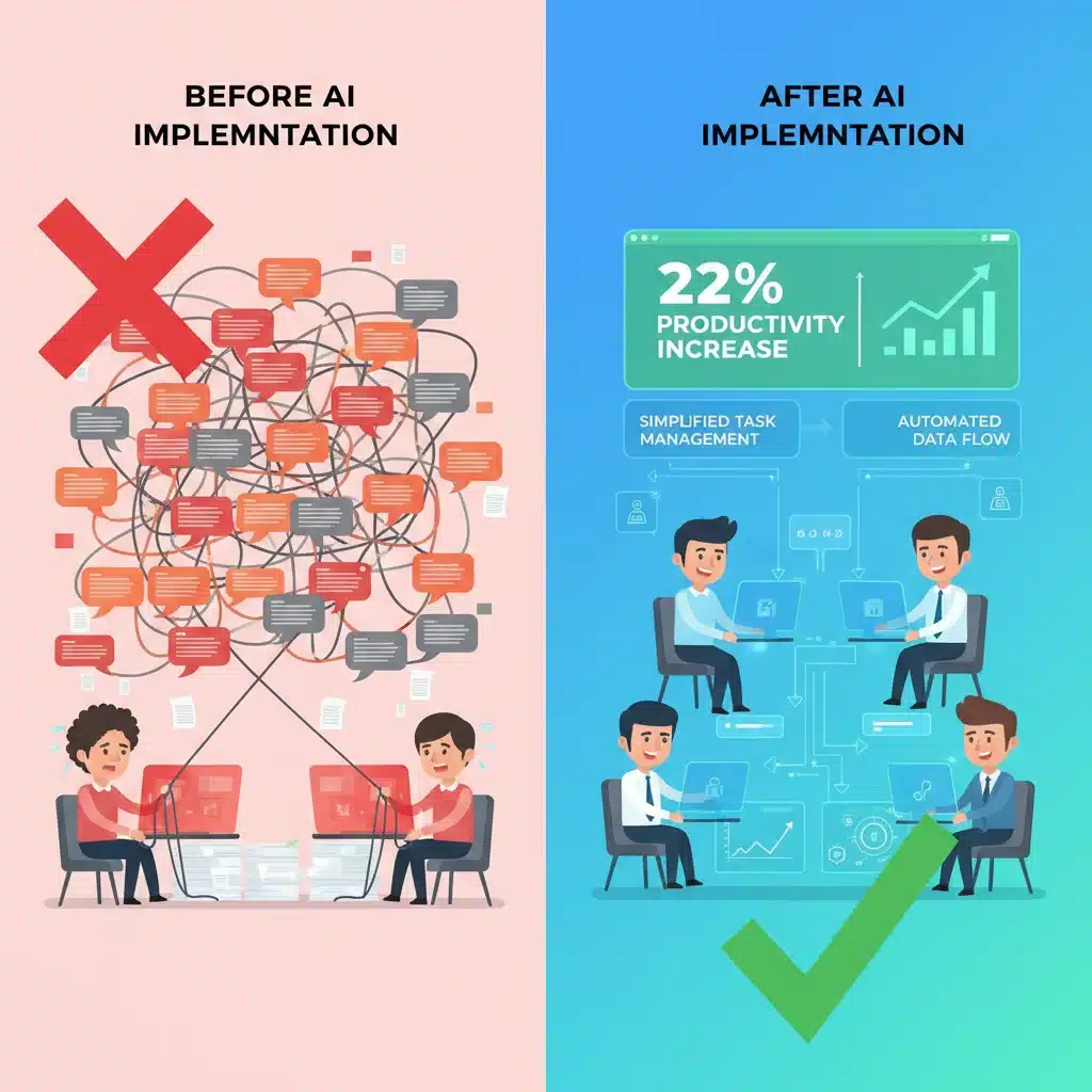 Infographic illustrating workflow optimization with AI showing a 22% productivity increase