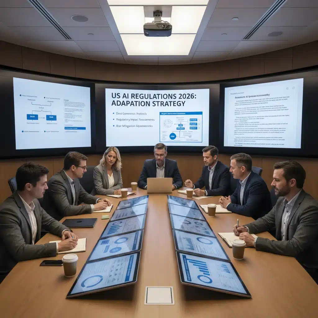 Business team strategizing for new AI data privacy laws in 2026.