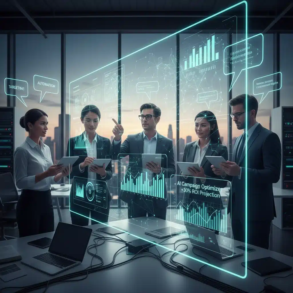 Business team collaborating with AI marketing tools for strategy.
