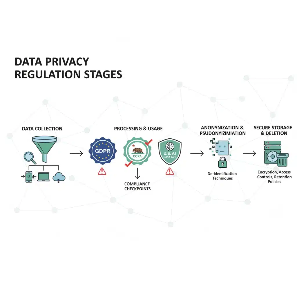 Infographic showing data privacy regulation stages and compliance checkpoints.