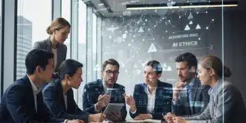 Professionals collaborating on ethical AI auditing strategy in a modern office