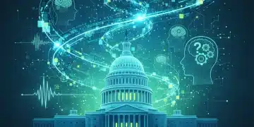 Abstract representation of Explainable AI with data visualization and human brain connections over a blurred U.S. government building background.