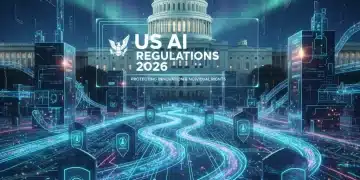 Illustration of US AI regulations taking effect in January 2026, with data streams and government buildings.