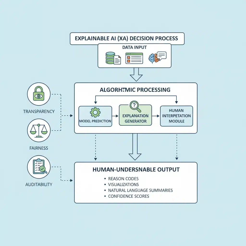 Infographic illustrating an XAI model's transparent decision-making process with data flow and interpretability steps.