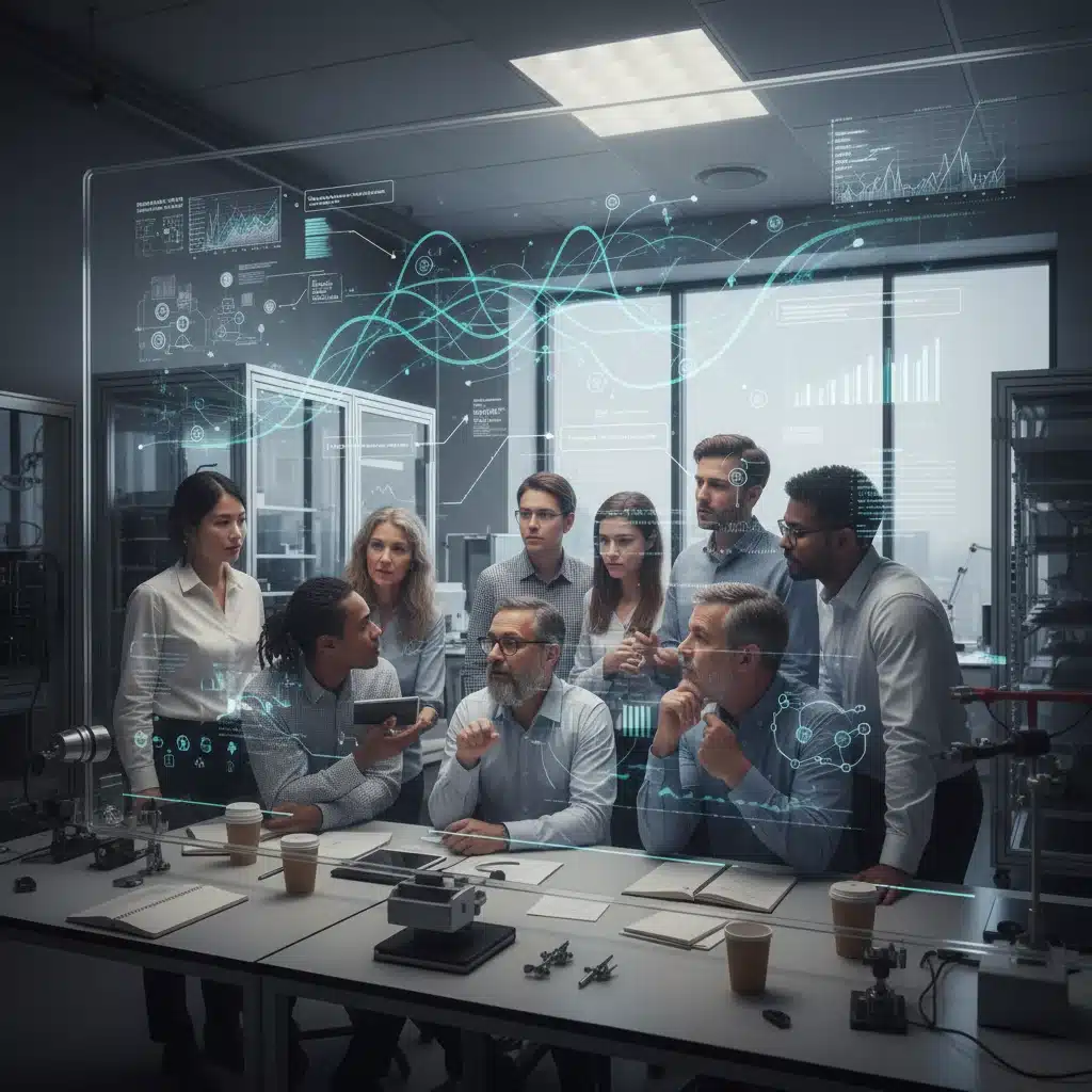 Researchers collaborating on complex AI models and their explanations in a modern lab, emphasizing teamwork in XAI development.