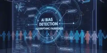 Futuristic interface visualizing AI bias detection and ethical data, with diverse human figures in background.