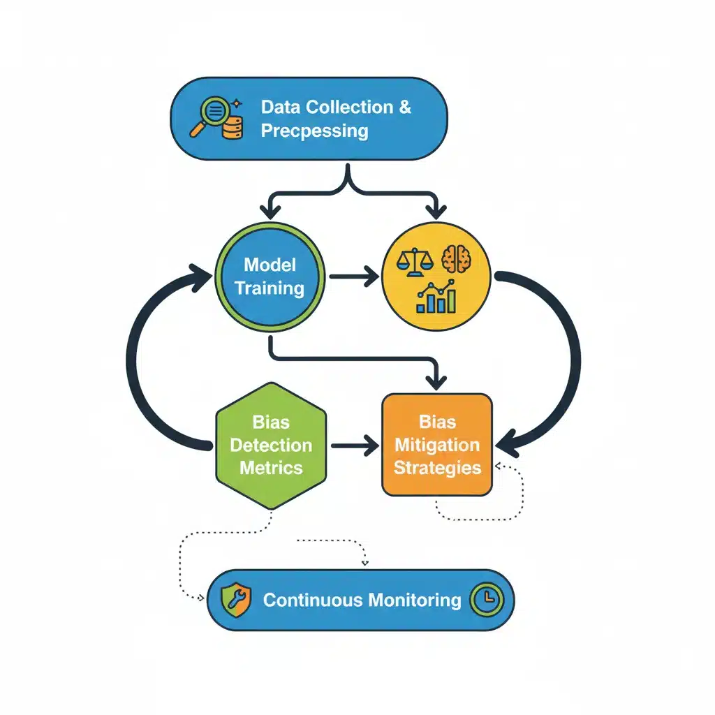 Flowchart illustrating AI bias detection and mitigation lifecycle with data, training, metrics, and monitoring.
