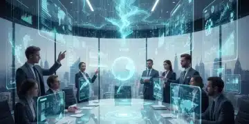 AI-powered data visualization in a modern corporate setting, illustrating advanced business intelligence for US corporations.